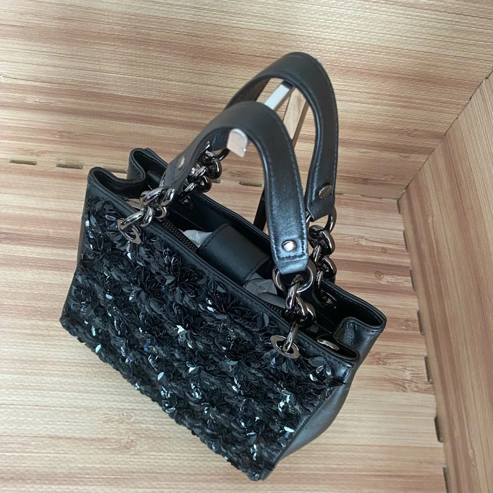 Michael Kors Floral Burst Satchel Crossbody Bag Black Leather Bag EUC
